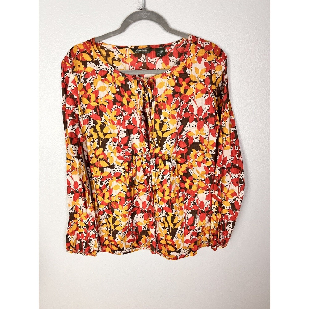 Eddie Bauer‎ Womens Medium Long Sleeve Keyhole Neck Blouse Floral Boho